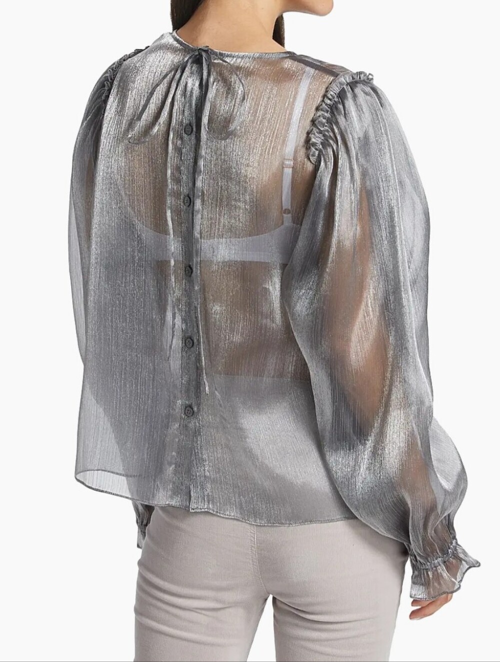 M • Free People • Freya Metallic Semi-Sheer Silver Balloon-Sleeve Blouse - Picture 4 of 7